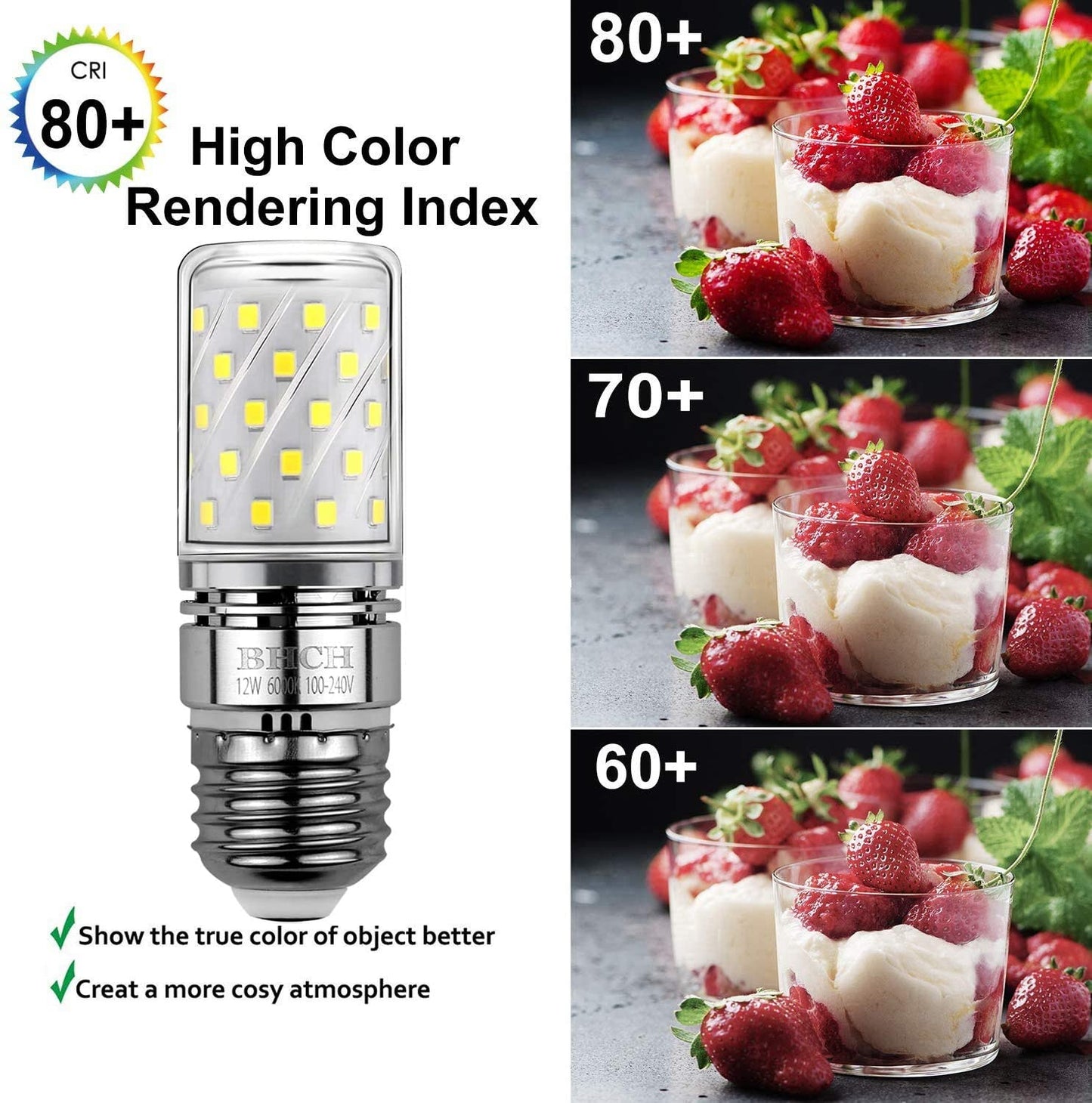 BHCH E26 LED Corn Bulbs, 12W, 6000K Daylight White, 1200LM, Edison Screw Base, 100W Incandescent Equivalent, Pack of 4