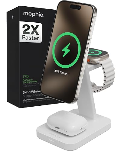Mophie Snap+ 3-in-1 Wireless Charging Stand - MagSafe & Qi2 Certified, Compatible w/iPhone 17/16/15/14/13/12, Apple Watch, AirPods - Multi-Device