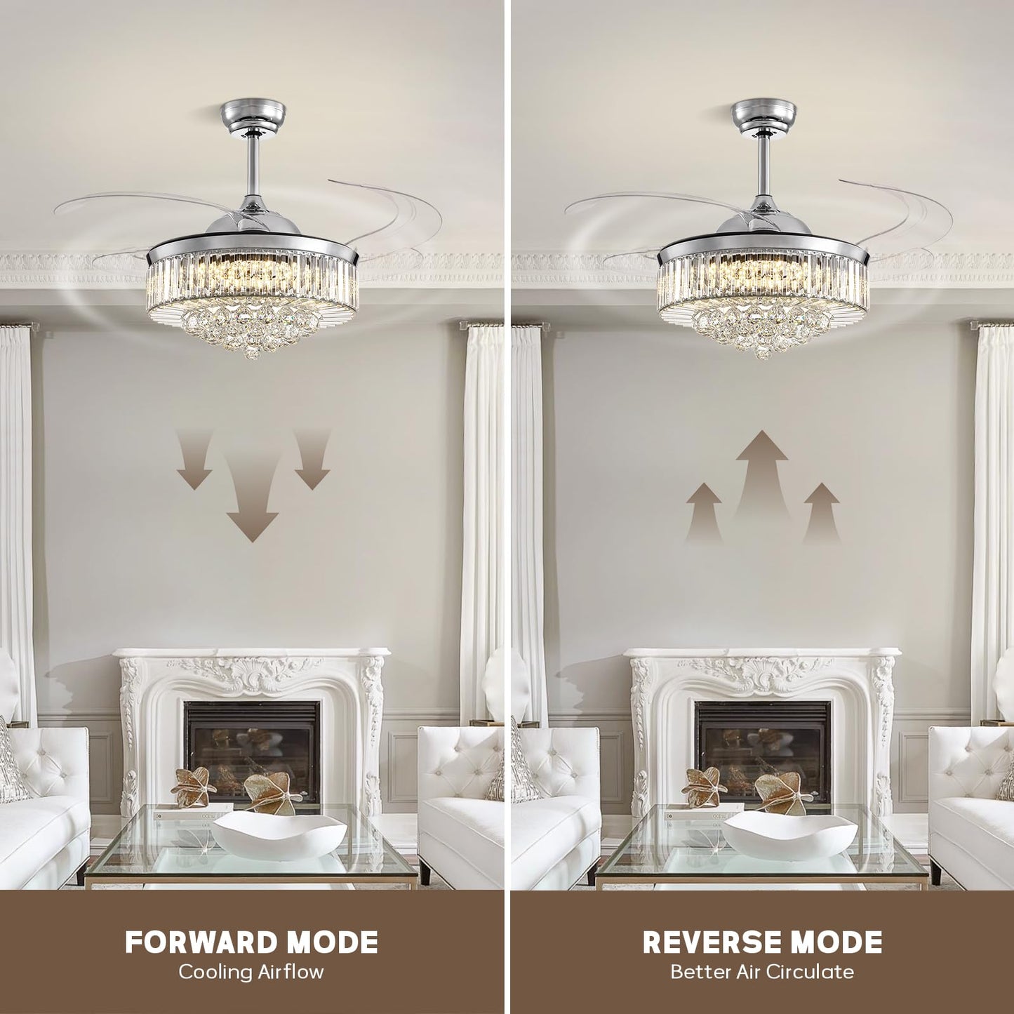CROSSIO 48" Crystal Chandelier Ceiling Fan with Light Modern Ceiling Fan with Retractable Blades Crystal Fandelier with Remote Control Chrome