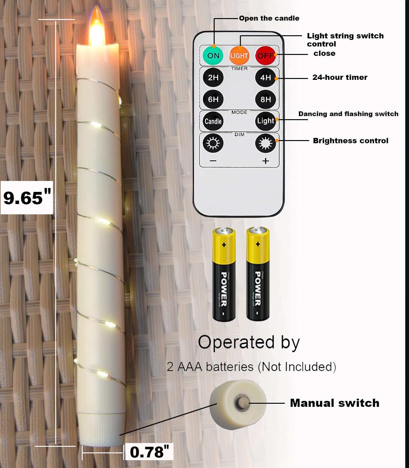 danip flameless Cone Candle, Patented Starlight String, with 11 Timing Key Remote Control, Battery Powered, Patented Simulated Flame, 6 Packs (Ivory