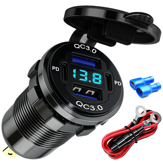 DAESENN DC 12V Die Cut Mount USB Charger Aluminum Charger 4 USB Ports Dual PD and Dual QC Ports with Voltage Display Meter for Car, RV, Boat