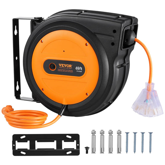 VEVOR Retractable Extension Cord Reel, 65 FT, Heavy Duty 12AWG/3C SJTOW Power Cord, with Lighted Triple Tap Outlet, 15 Amp Circuit Breaker, 180°