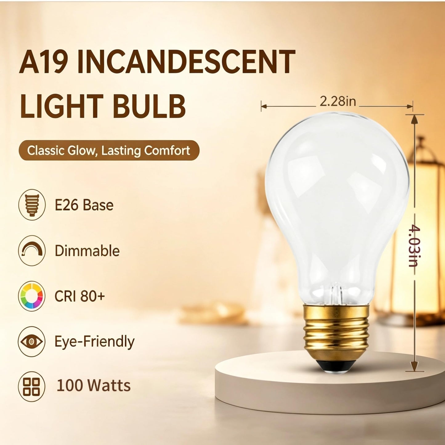 IWOPAN 100Watt Incandescent Light Bulbs, Dimmable, 100W Equivalent, A19 Light Bulbs, E26 Base, for Ceiling Fan Light, Pendant Light, Table Lamp 4PACK