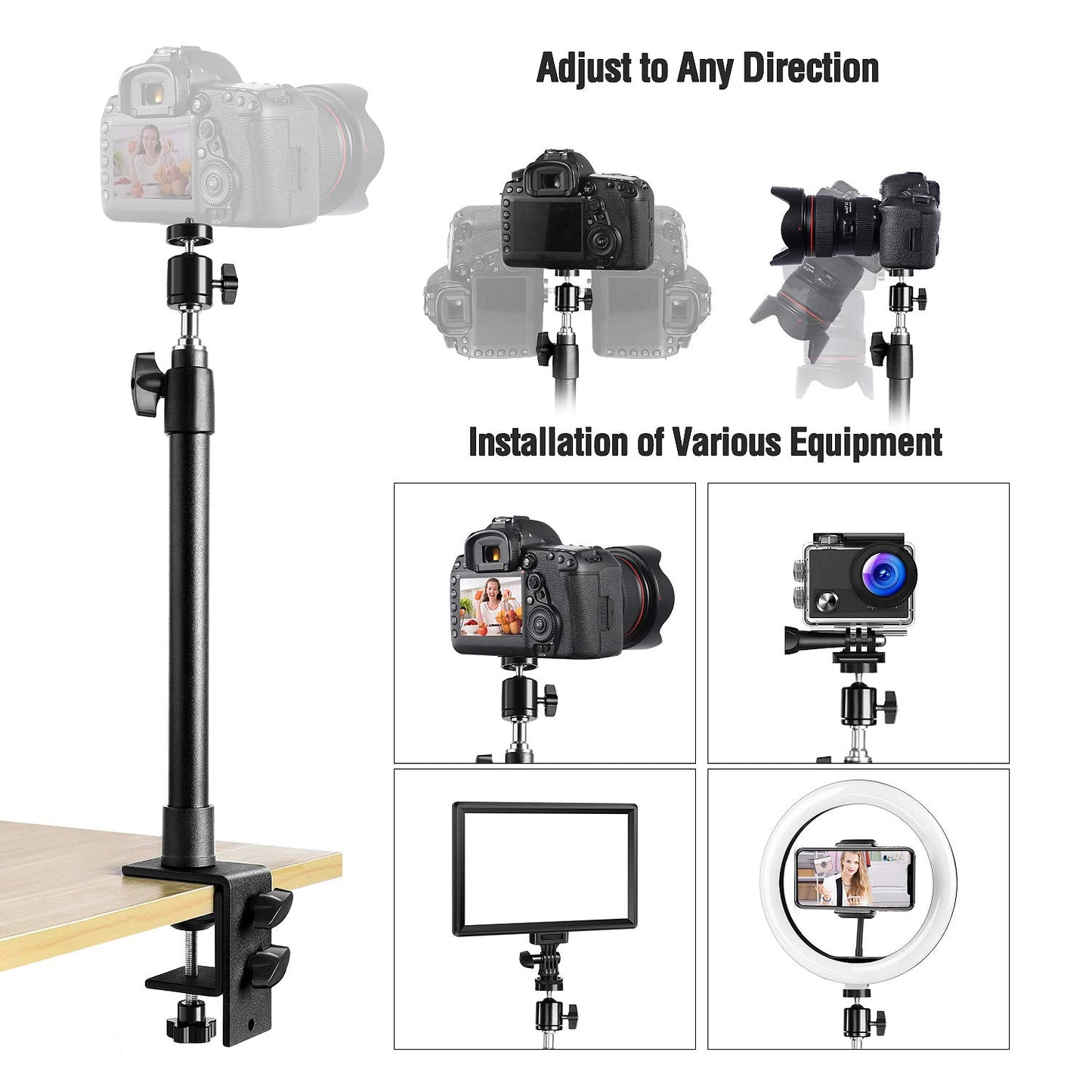 TOAZOE 14''-25.5'' Camera Desk Mount Table Stand with 360° Rotatable Ball Head, Adjustable Desk Light Stand, Aluminum Tabletop C Clamp Mount for DSLR