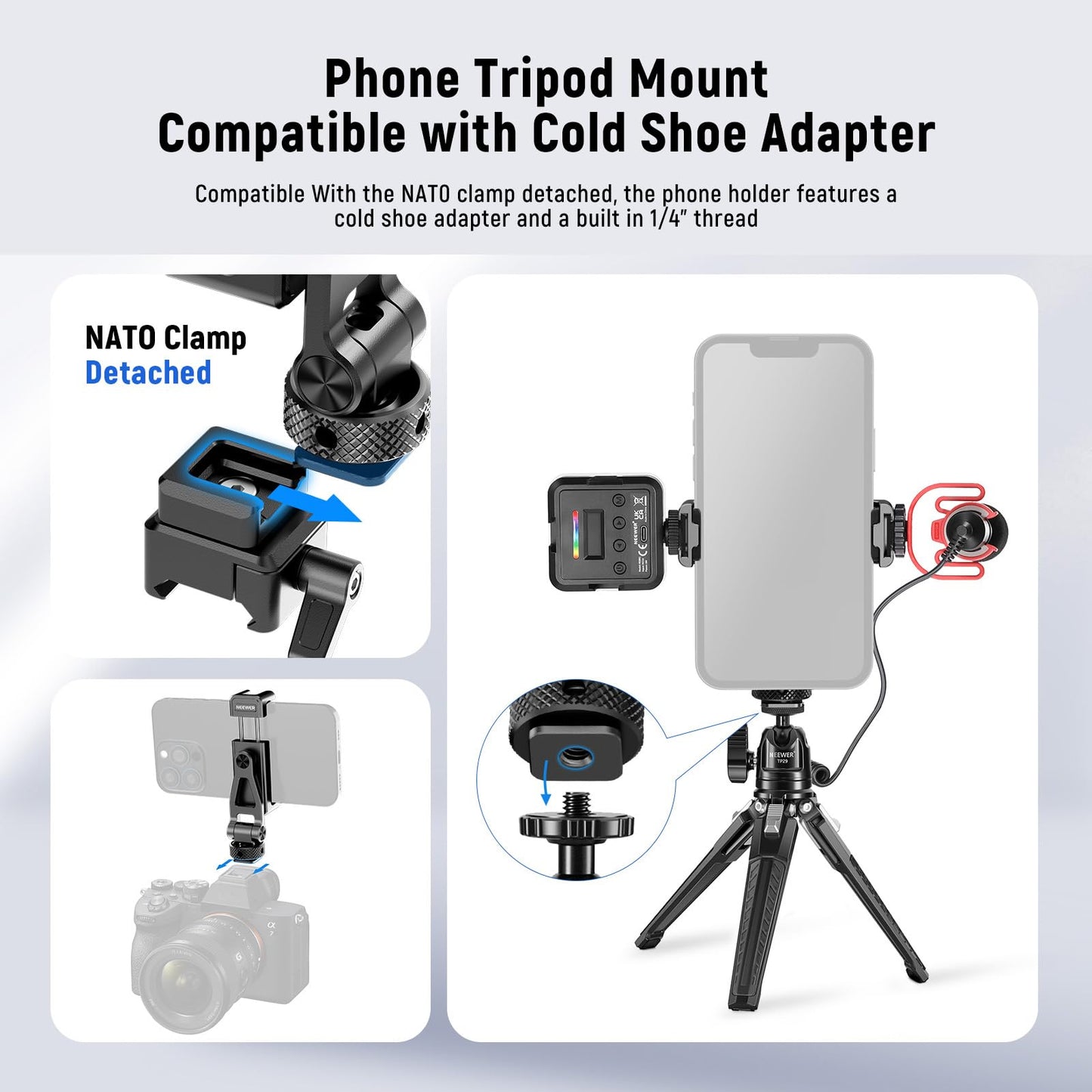 NEEWER Metal Phone Tripod Mount with Cold Shoe NATO Clamp Compatible with DJI RS5 RS4 RS3 Pro RS2 RSC2 Gimbal Stabilizer, 180° Tilt Phone Clip Holder