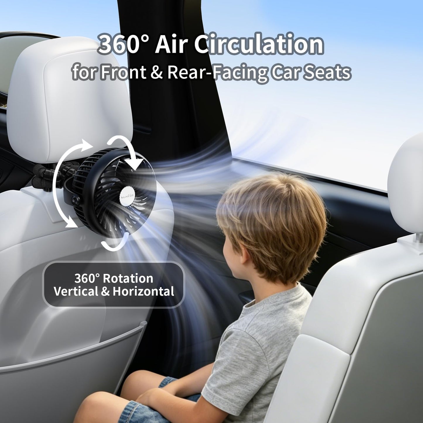 Socool 5000mAh Portable Car Fan Rechargeable Battery Powered, 3-Speed Car Seat Clip on Fans for Baby Kids Backseat Cooling, Mini Stroller Fan 360°