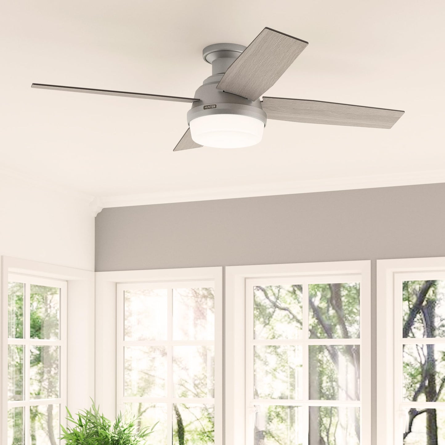 Hunter Fan 52 inch Low Profile Matte Silver Indoor Ceiling Fan with LED Light and Remote Control, Holiday Gift for Bedroom, Living Room, Dining Room