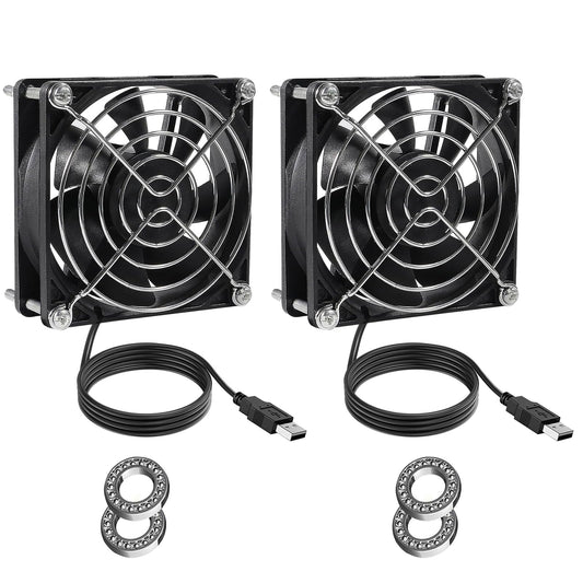 DORHEA 2Pcs USB Fan 5V 9225 Cooling Fan Dual Ball Ball Bearings Brushless Axial Fan 90x90x25mm USB Computer PC Fan with Srews Metal Grill Cover