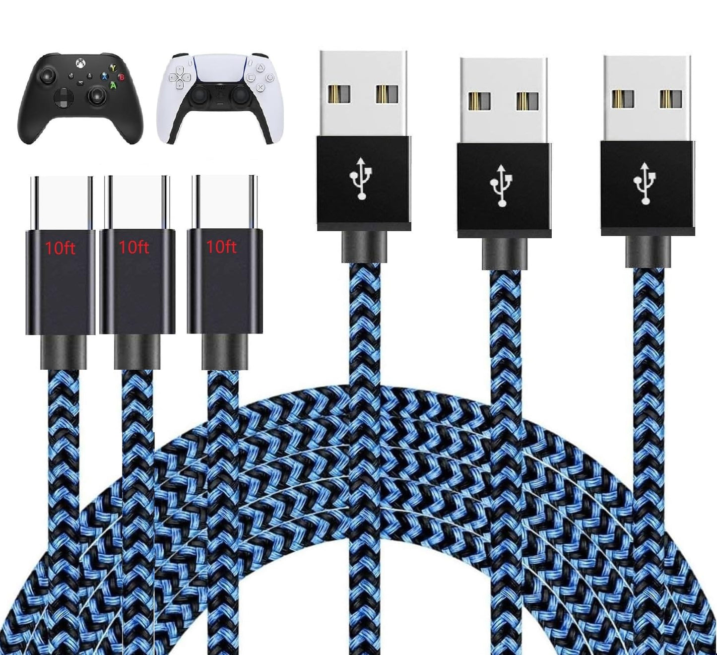 PS5 Charging Cable 3Pack 10FT PlayStation 5 Controller Charger Cord,Xbox Series X/S Controller Charger Cable Nintendo Switch USB C Cord Nylon Braided