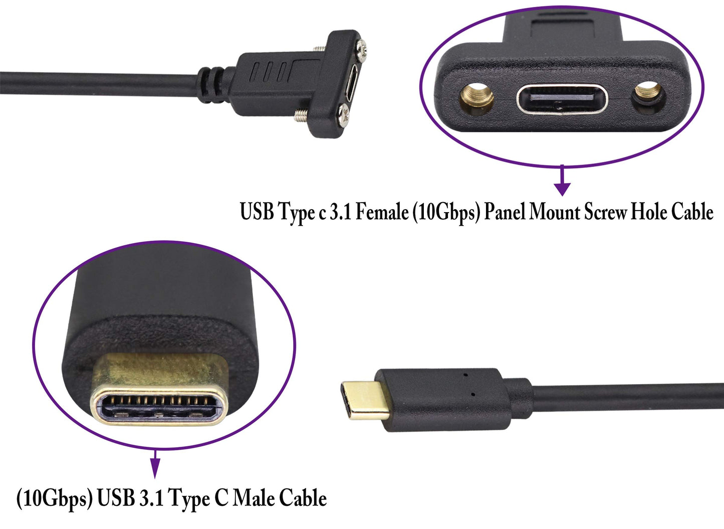 AAOTOKK USB 3.1 Type C Panel Mount Extension Adapter Cable Gen 2 USB Type C 3.1 Female Panel Mount to Male Cable,Supports Charging,Data,Audio,Video