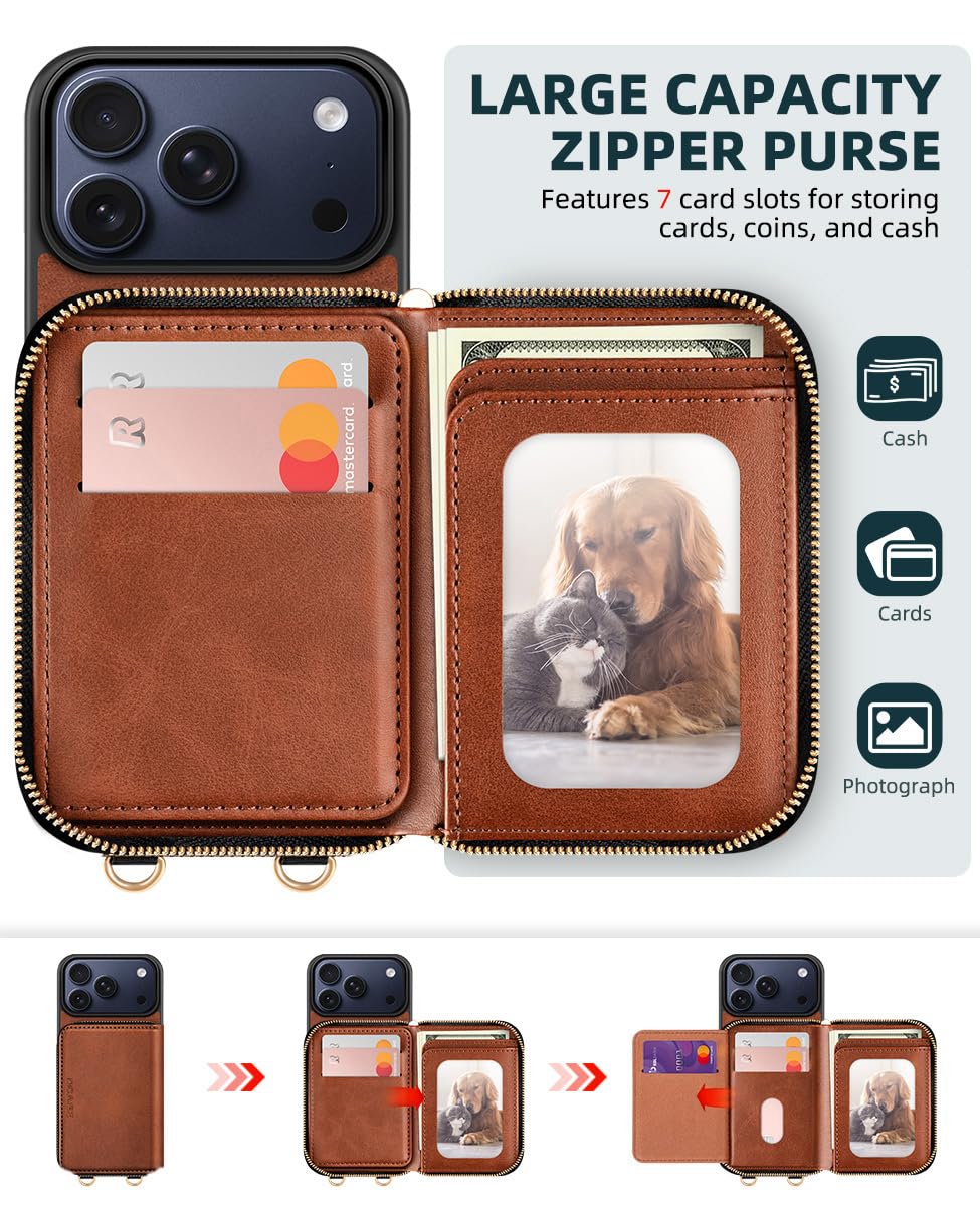 OCASE Compatible with iPhone 17 Pro Max Crossbody Wallet Case with Card Holder, PU Leather Zipper Handbag Phone Purse with RFID Blocking Kickstand