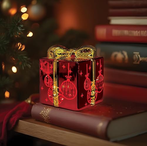 Old World Christmas Lit Ornamental Glass Gift Box, Ceramic Christmas Decoration, Festive Light Up Tabletop Holiday Display