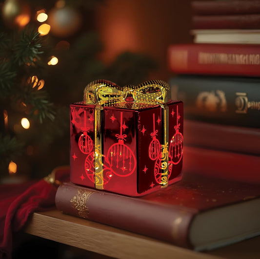 Old World Christmas Lit Ornamental Glass Gift Box, Ceramic Christmas Decoration, Festive Light Up Tabletop Holiday Display