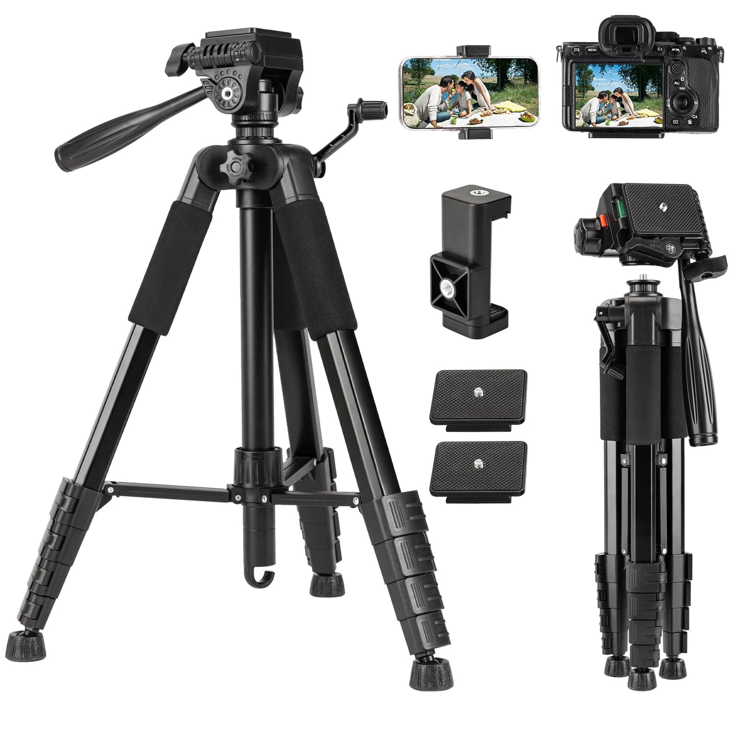 74'' Camera Tripod, Fotopro Lightweight Aluminum Travel Tripod for DSLR Camera and Phone with Detachable 3-Way Pan-Tilt Head Carry Bag and Mount Phone
