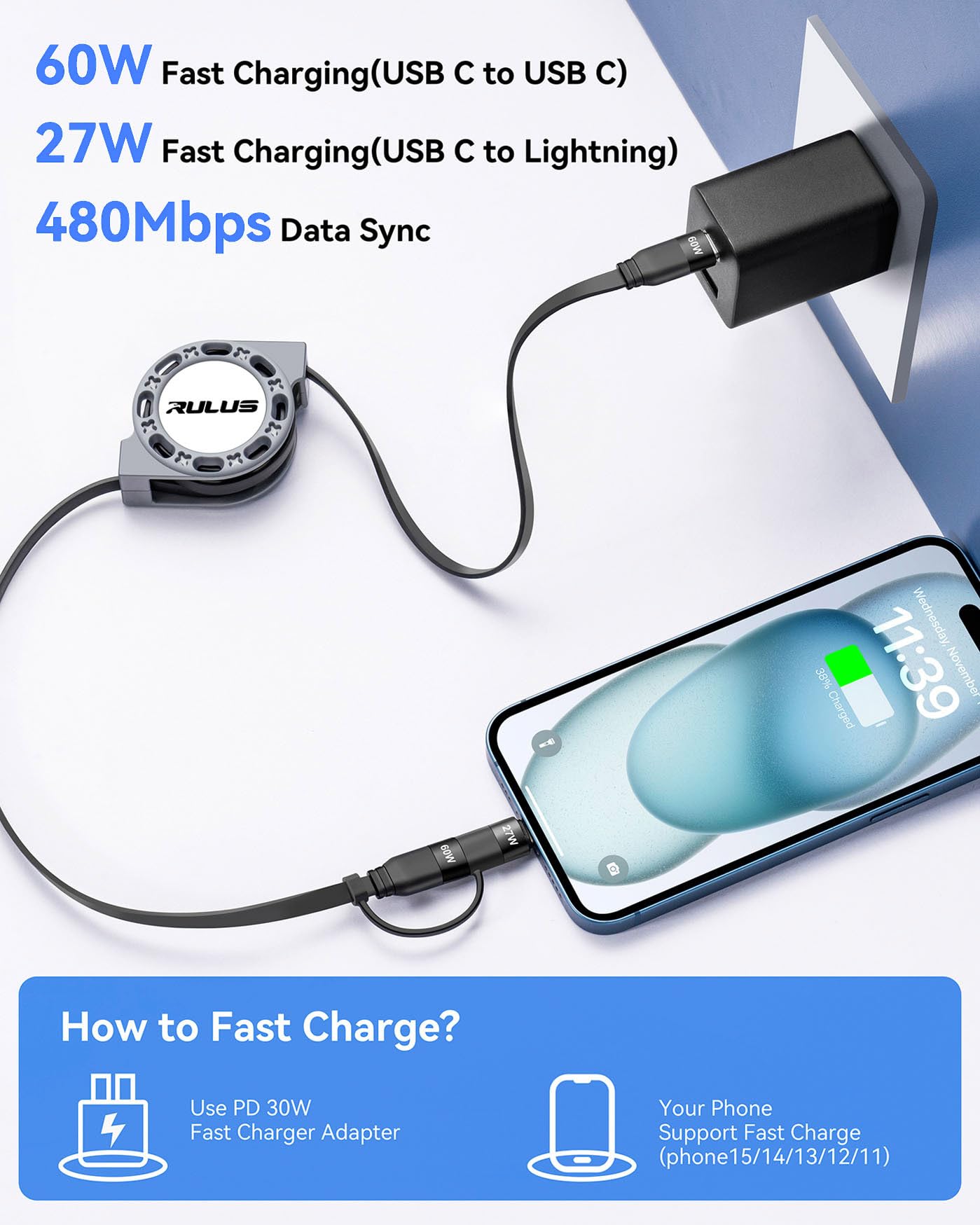 RULUS 2 in 1 Retractable USB C Cable 60W, [2Pack,4ft] Retractable USB C to C/Lightning (PD 27W) Fast Charging & Data Sync with IP/Type C Ports