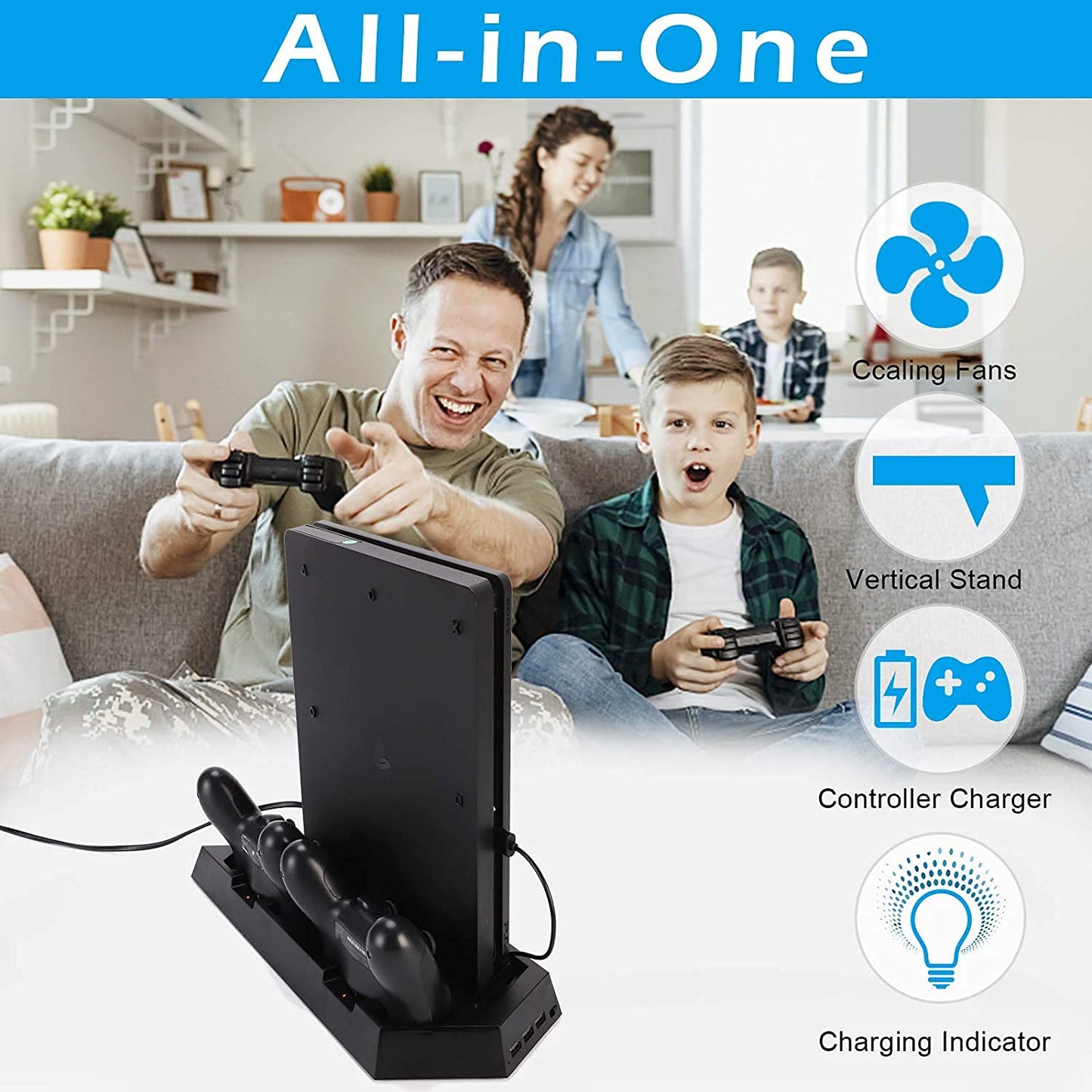 Charging Station Stand with Cooling Fan for PlayStation 4/PS4 Slim/PS4 Pro, 3 in 1 PS4 Vertical Stand with Dual PS4 Dualshock Controller Charger Port