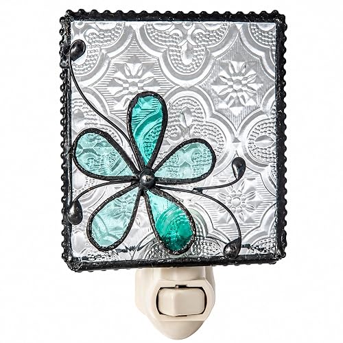 J Devlin Glass Art Flower Stained Glass Night Light, Turquoise Blue, Plug in nightlight for Bedroom/Bathroom/Stairway/Hallway Home Decor NTL 129-3