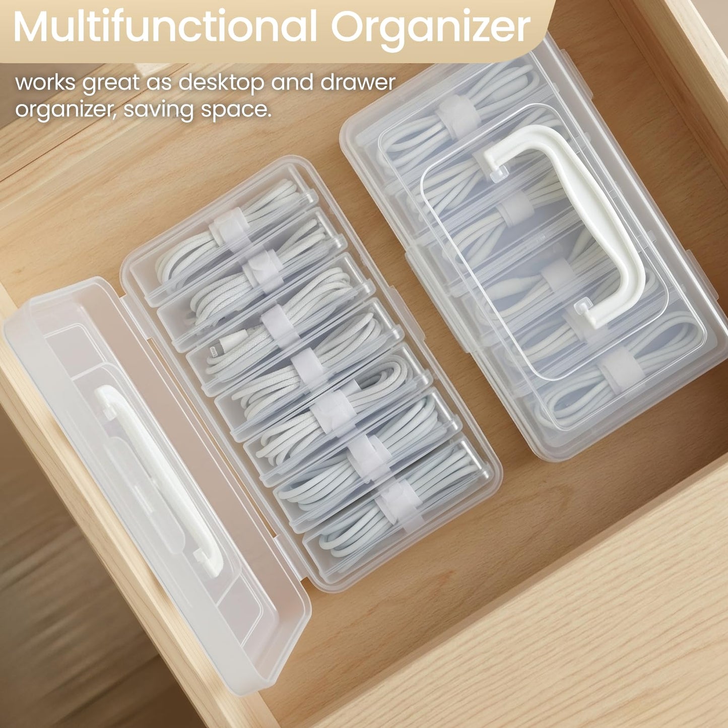 7 Case Portable Cable Storage Box with Handle and Label Stickers, Travel Cord Organizer for Charging Cables, USB Wires, Earphones - Drawer