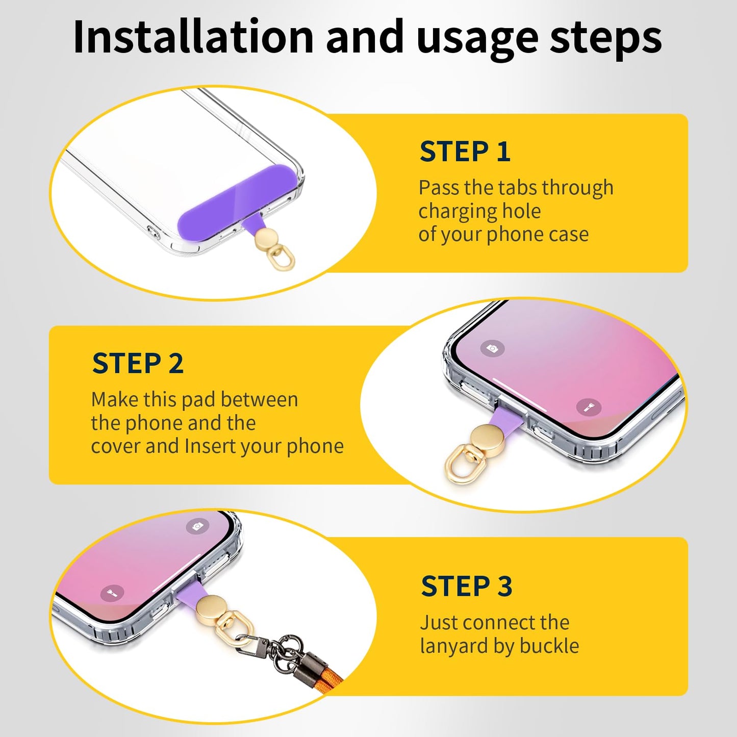 360°Rotatable Phone Tether Tab,3 Pieces Universal Phone Lanyard Patch Without Adhesive,Phone Lanyard Replacement Part for Cell Phone