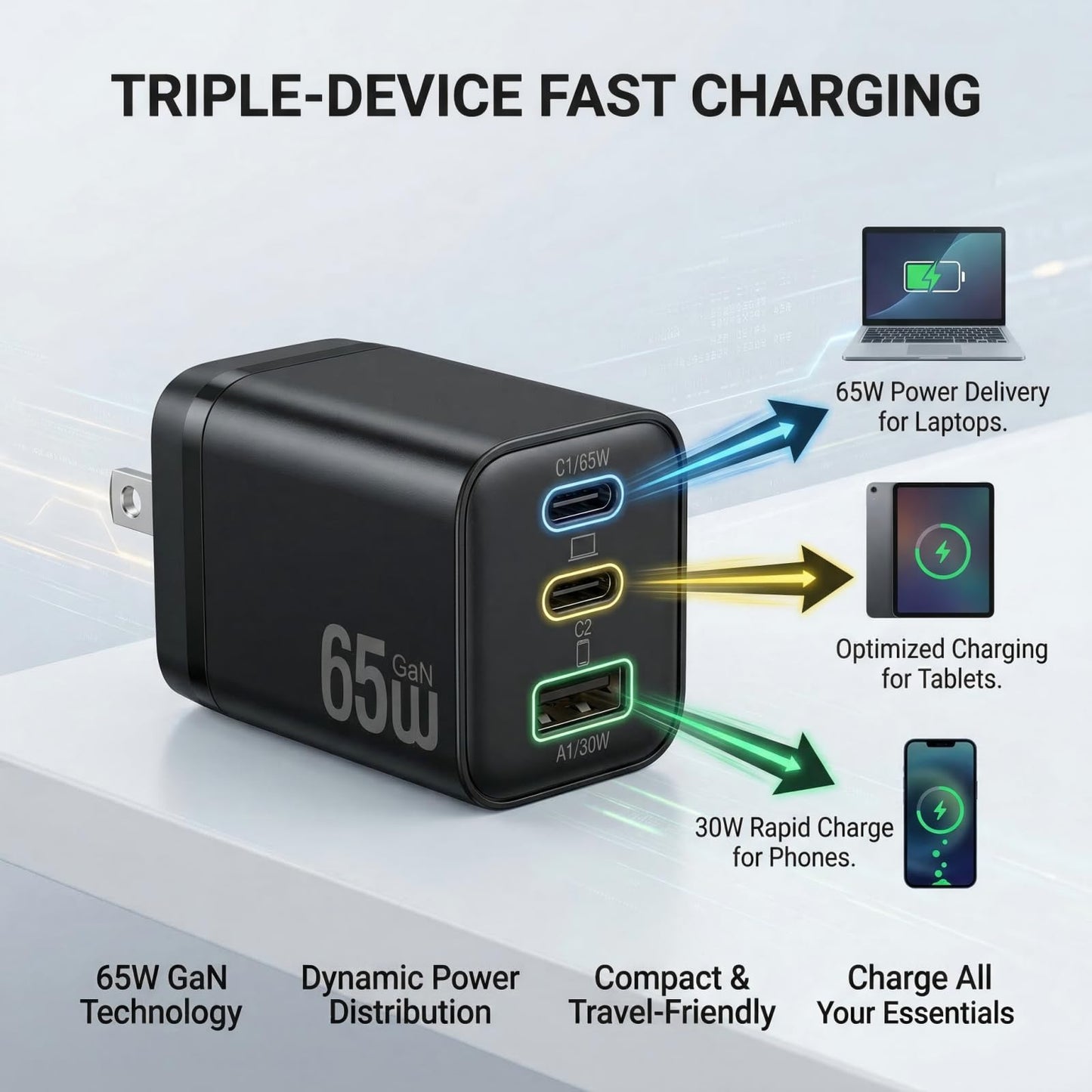 65W USB C Charger Block, 3-Port GaN III Fast Charger, Foldable Wall Charger with 6FT 240W Braided Cable Compatible iPhone 17Pro/16, Mac Book