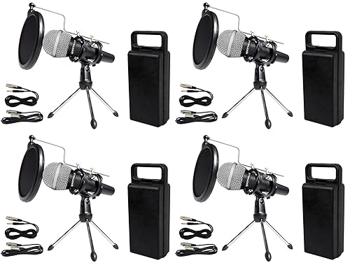 Rockville Podcasting Bundle: (4) RMC-XLR Dynamic Handheld Microphones, All-Metal Build with (4) RTMS21 Tripod Stands, Pop Filters, Shock Mounts, (8)