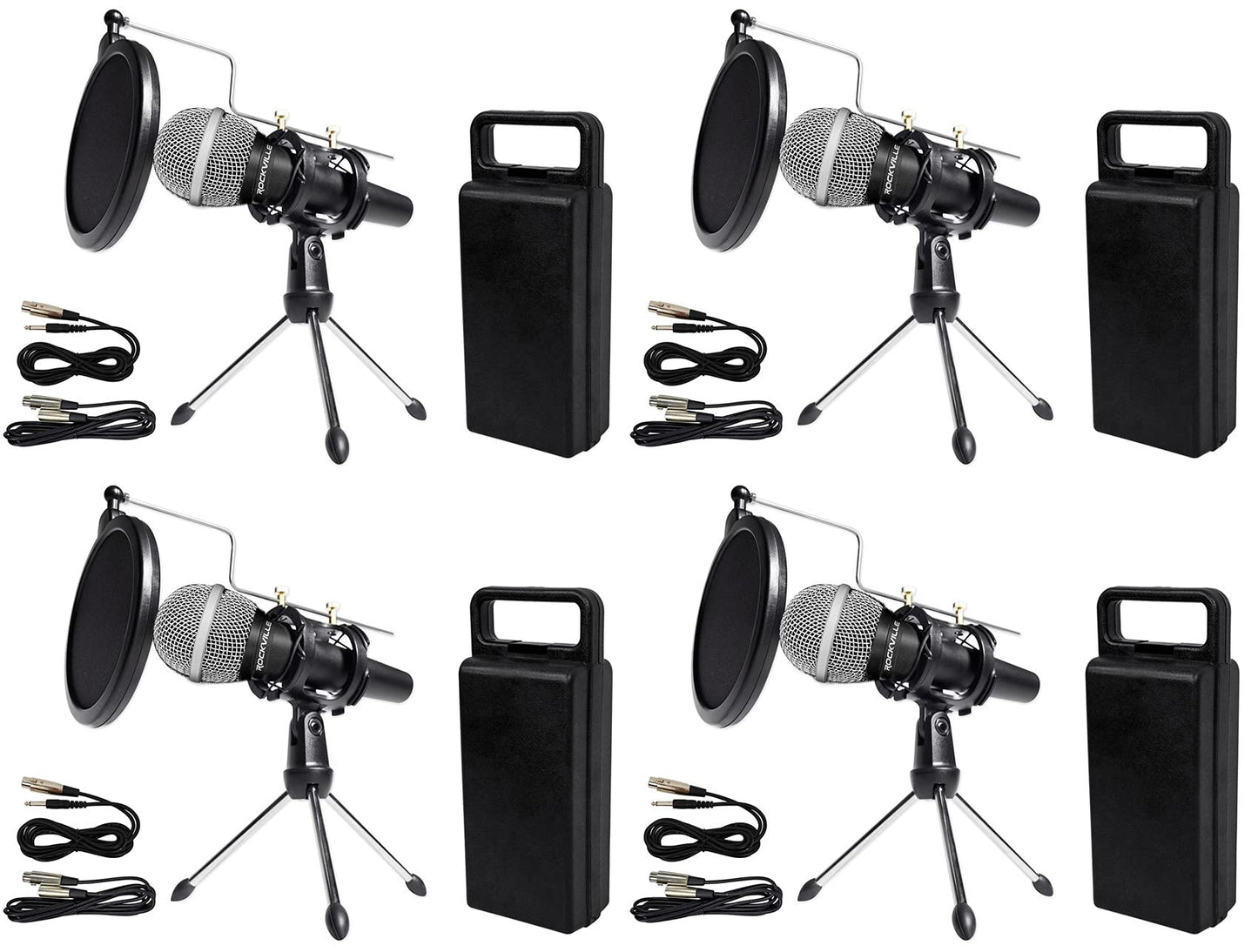 Rockville Podcasting Bundle: (4) RMC-XLR Dynamic Handheld Microphones, All-Metal Build with (4) RTMS21 Tripod Stands, Pop Filters, Shock Mounts, (8)