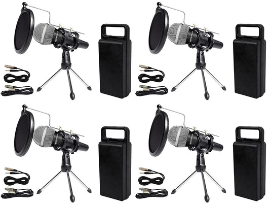 Rockville Podcasting Bundle: (4) RMC-XLR Dynamic Handheld Microphones, All-Metal Build with (4) RTMS21 Tripod Stands, Pop Filters, Shock Mounts, (8)