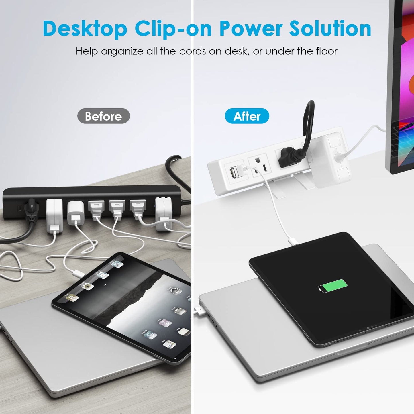 3 AC Outlet Desk Clamp Power Strip White, Desk Mount USB Charging Power Station, Removable Desktop Edge Power Center Plugs Output 125V/60HZ/12A/1500W