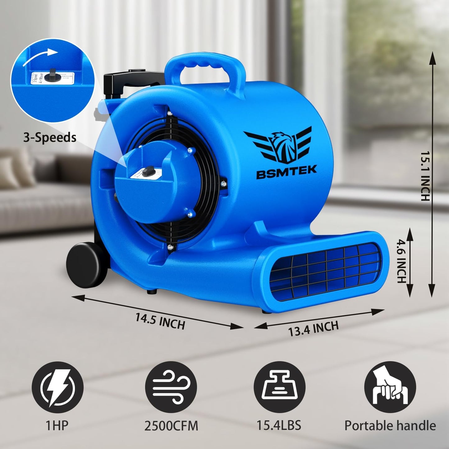 BSMTEK 5000 CFM 1HP Air Mover Blower Fan, Floor Blower Dryer, 3 Speeds, 4 Adjustable Angles, Handle Wheelkit, 15Ft Long Cord Portable, Stackable