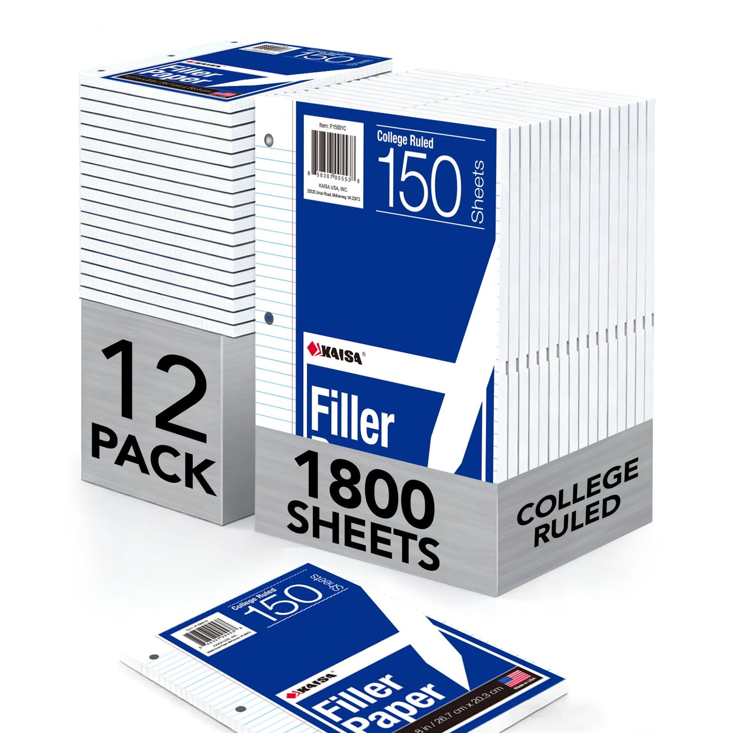 Kaisa Filler Paper Notebook Paper College Ruled 8"x10.5" Loose Leaf Paper for 3-Ring Binders 1800 Sheet/pack,12pack (Total 1800 Sheets)