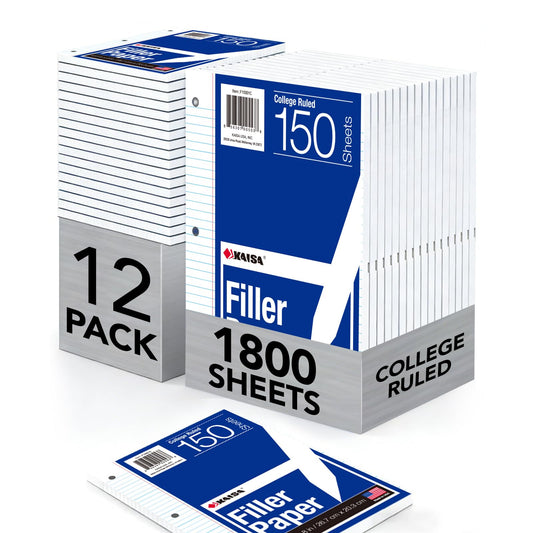 Kaisa Filler Paper Notebook Paper College Ruled 8"x10.5" Loose Leaf Paper for 3-Ring Binders 1800 Sheet/pack,12pack (Total 1800 Sheets)