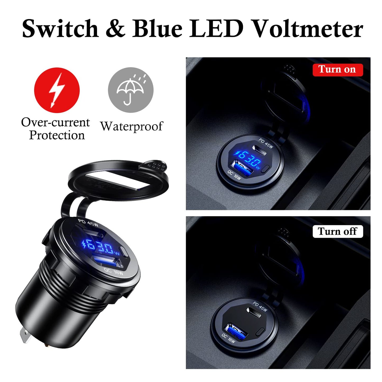 BATIGE PD 45W USB C Quick Charger 18W USB 3.0 Charger Socket Waterproof with Switch LED Voltmeter and Wire Fuse DIY Kit for 12V/24V Car Boat Marine