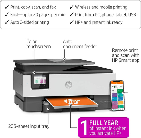 HP OfficeJet Pro 8034e Wireless Color All-in-One Printer with 1 Full Year Instant Ink (Renewed Premium),White