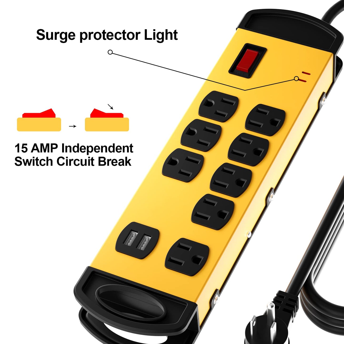 Oviitech 8 Outlets Mountable Heavy Duty Surge Protector Metal Power Strip with 2 USB Charging Ports(2.4A),1800 Joules with 6 Foot Long Extension Cord