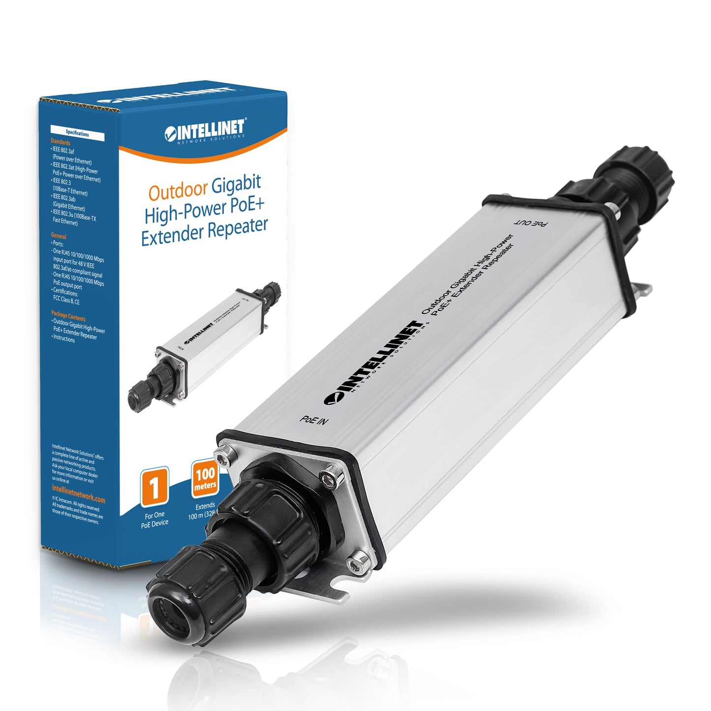 Intellinet Outdoor Gigabit PoE+ Extender, IP65, 25W, 328 Ft Range