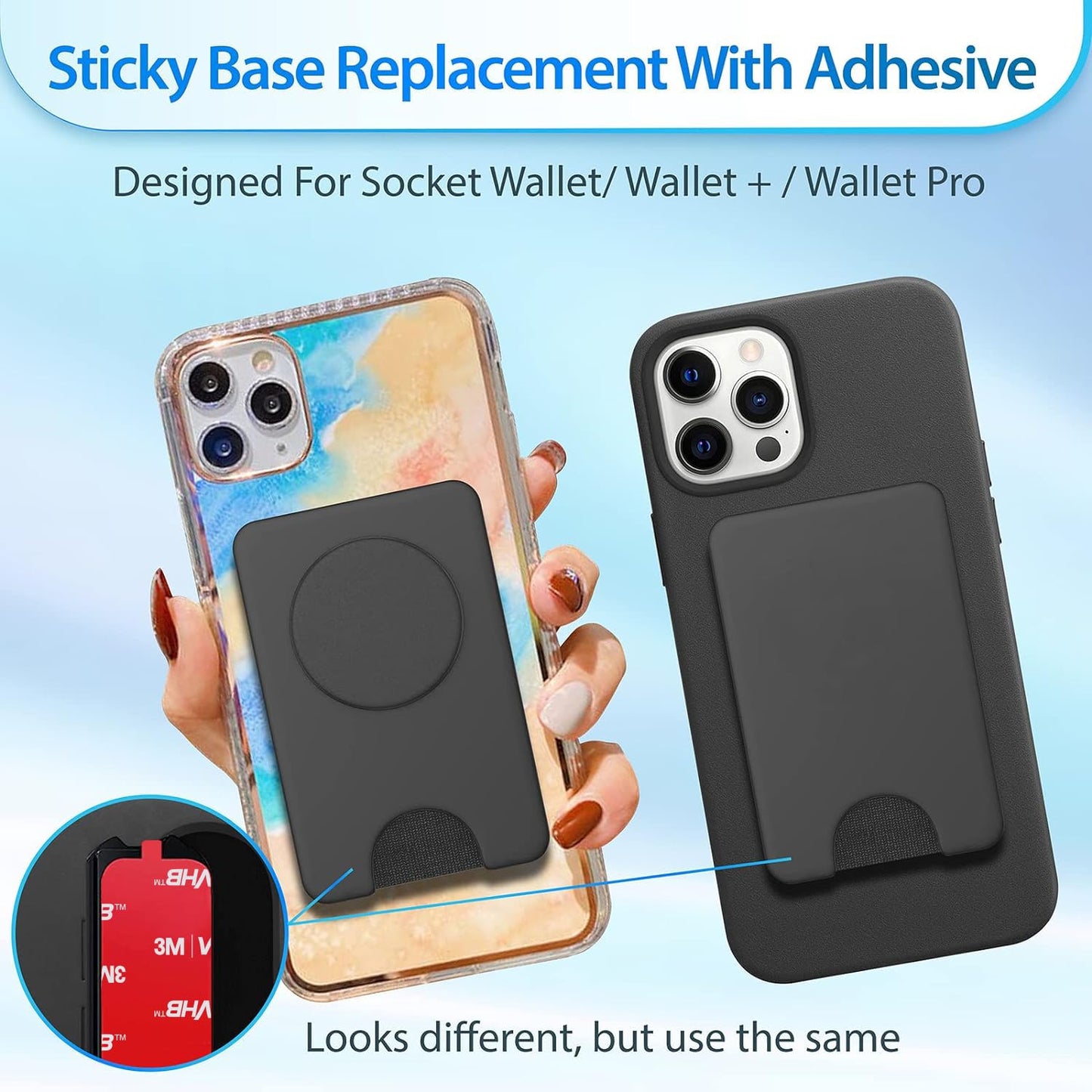 Adhesive Base for Popswallet, Detachable Sticky Back Replacement Compatible with Socket Wallet Plus, 2pcs Swappable Black Attachment Piece Plastic