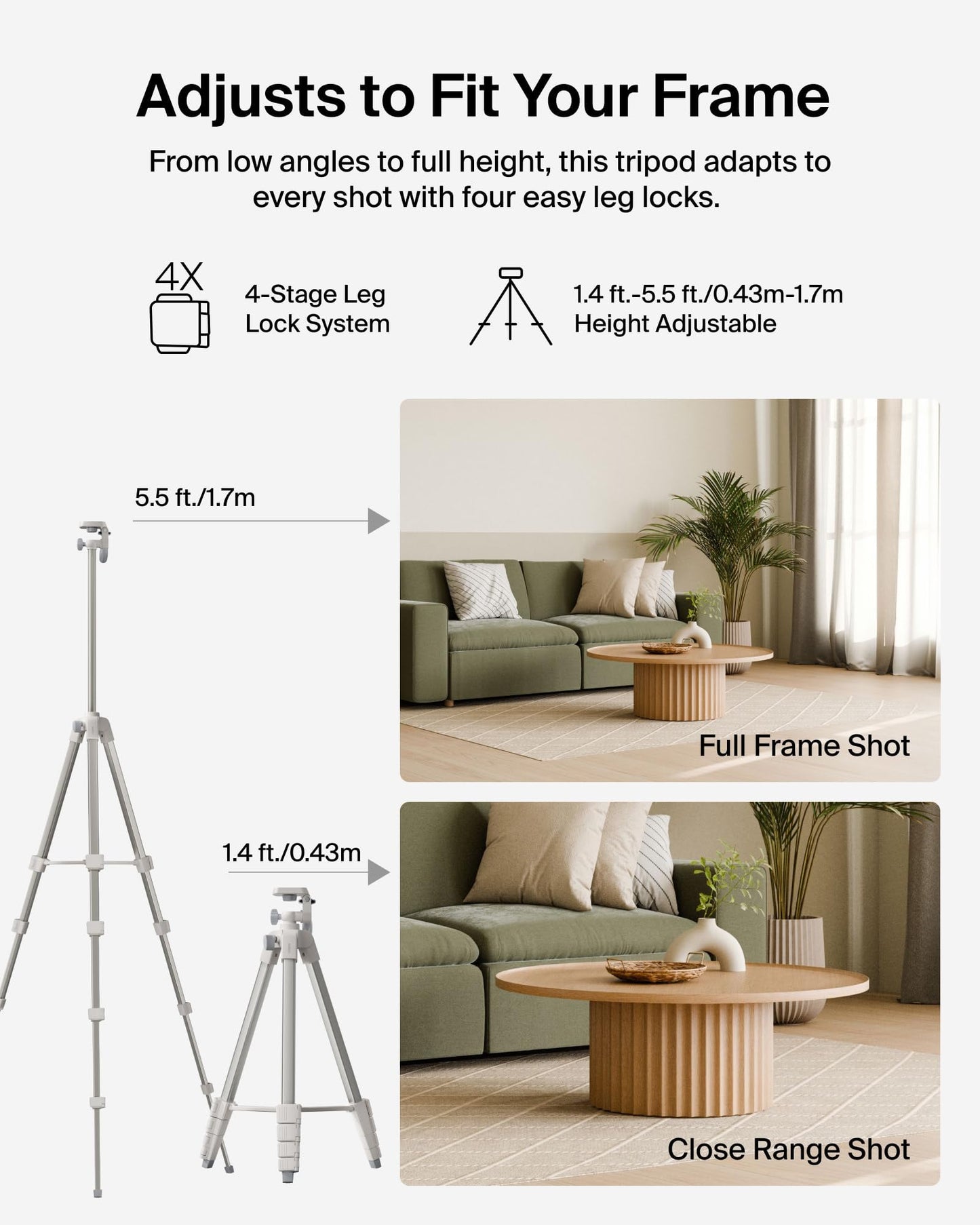 Belkin Stage Creator Tripod Stand, 5.5ft Adjustable Phone & Camera Tripod for Photo, Video, Vlogging, YouTube, Streaming - Lightweight w/ 1/4" Mount
