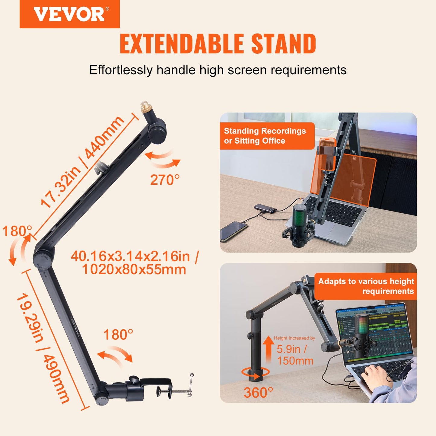 VEVOR Microphone Boom Arm, with Desk Mount Clamp, Adjustable Mic Stand with Cable Management,360° Rotatable,3/8" to 5/8" Adapter, for Recording Studio
