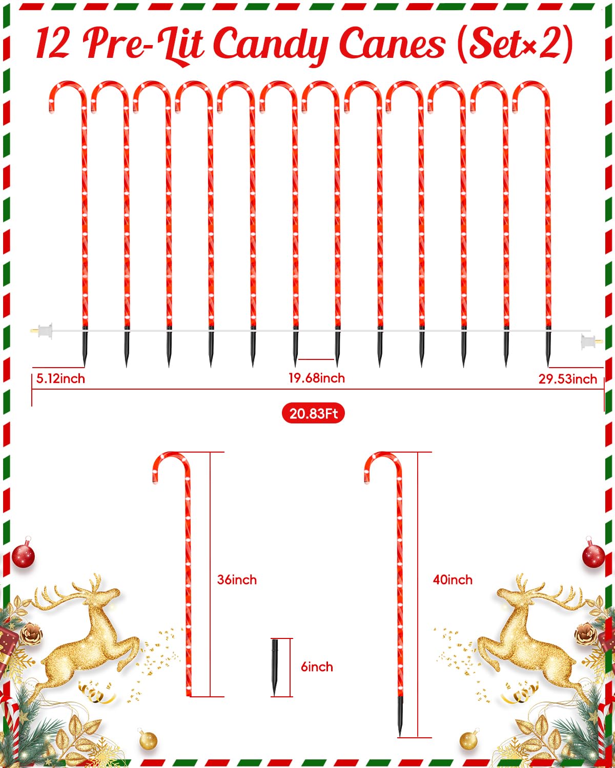 COOLWUFAN 36" Candy Cane Christmas Decorations, 24 Pack Giant Candy Cane Lights, Outdoor Pathway Markers Lights for Xmas Holiday Walkway Patio Garden