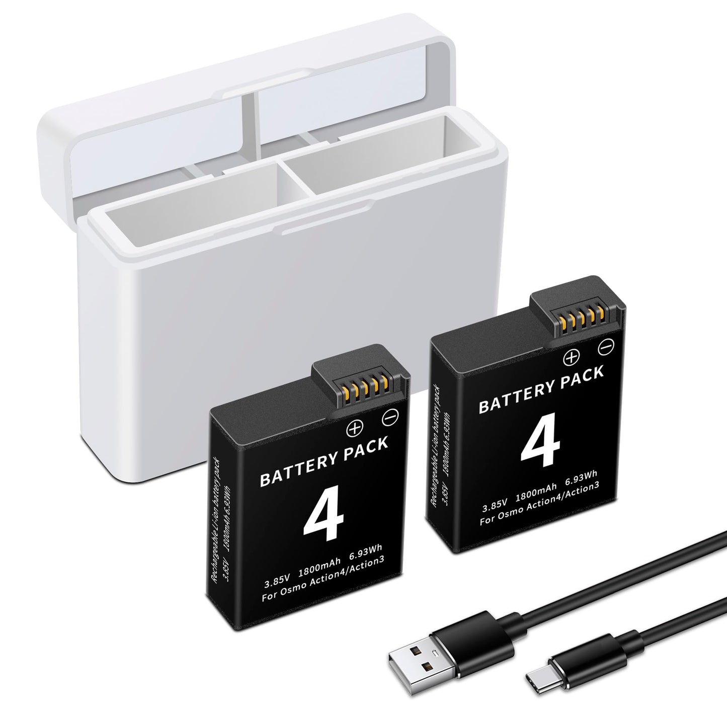 2-Pack Battery Replacement Compatible for DJI Osmo Action 4, Osmo Action 3 Camera Model, 3.85V 1850mAh/7.12Wh Rechargeable Cameras Battery with Dual