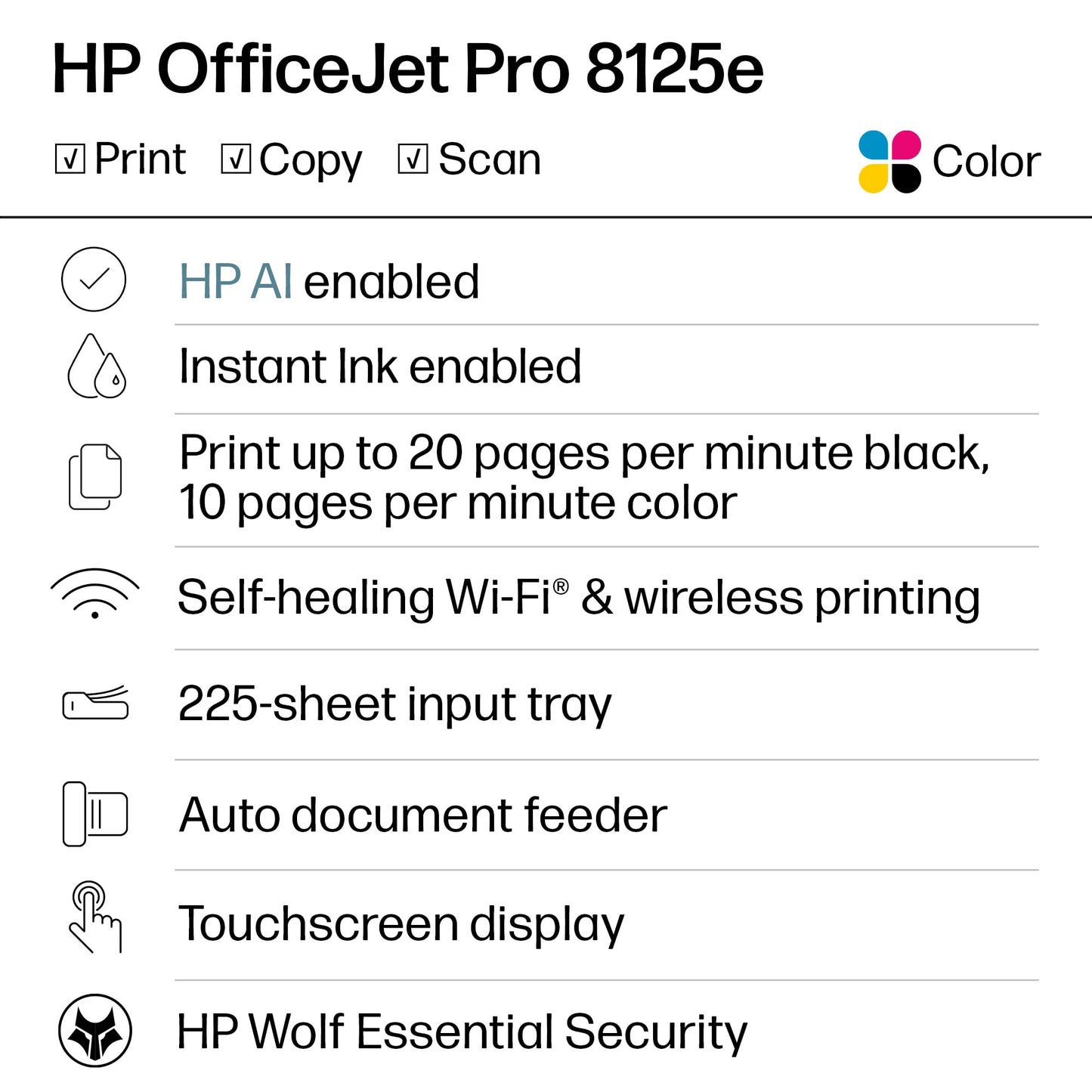 HP OfficeJet Pro 8125e Wireless All-in-One Color Inkjet Printer, Print, scan, Copy, ADF, Duplex Printing Best-for-Home Office, 3 Month Instant Ink