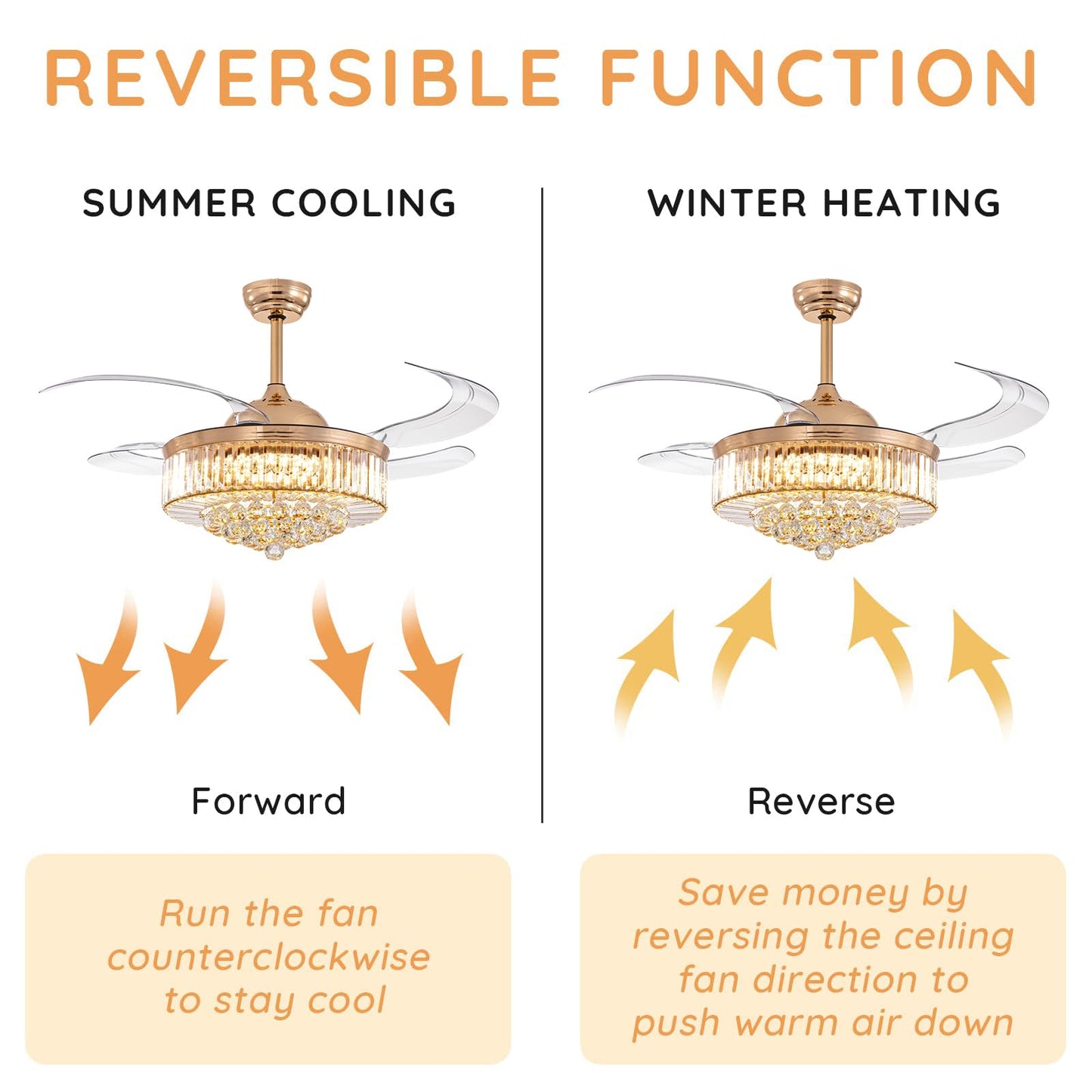 MOOONICHE 48 Inch Crystal Ceiling Fan with Light and Remote Modern Dimmable Fandelier Invisible Retractable Chandelier Fan Gold for Bedroom Living