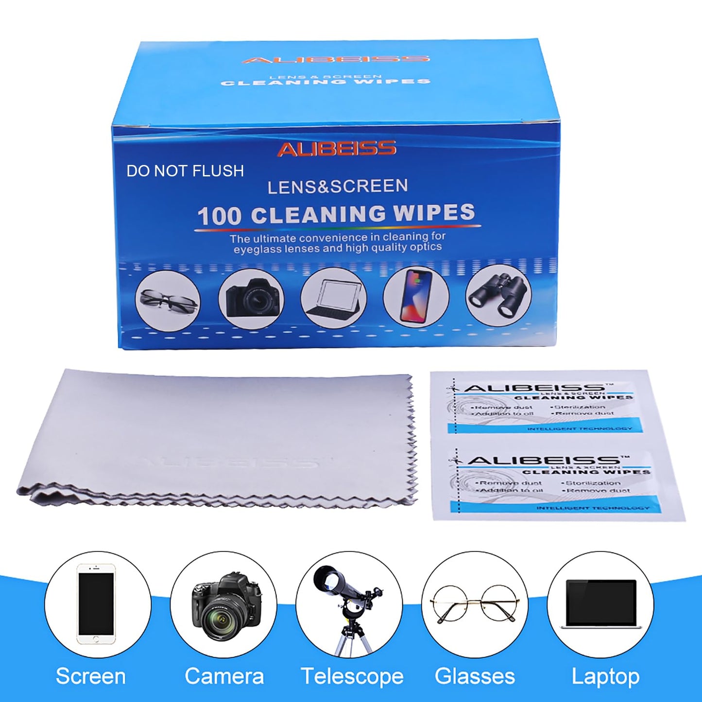 Pre-Moistened Lens Wipes ALIBEISS Screen Wipes for Glasses, Camera,Tablets, Smartphone, Screens and Other Delicate Surfaces,Pack of 100