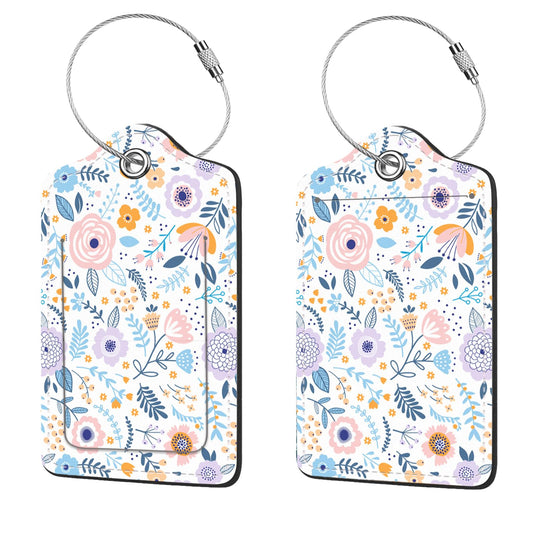 2 Pcs PU Leather Luggage Tags – Cute Travel Bag Tags with Privacy Cover, ID Address Card & Metal Ring for Suitcases, Backpacks (Colorful Flowers A)