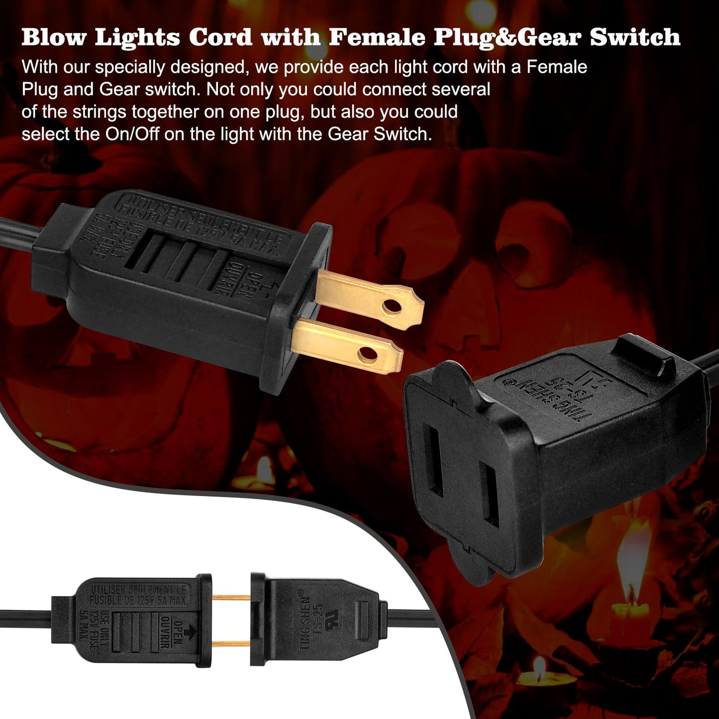 Upgraded Lighting System, 7.2Ft Black Accessory Cord with 1LED C7 Spare Fuse Bulb, Blow Mold Lights Cord with Female Plug&On/Off Switch, for Halloween