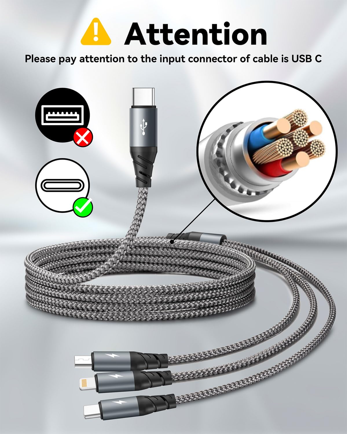 Miger USB C 3 in 1 Charging Cable,[2 Pack 6FT] Multi Charging Cable for Multiple Devices Braided Multi Charger Cable Universal Charger Cord