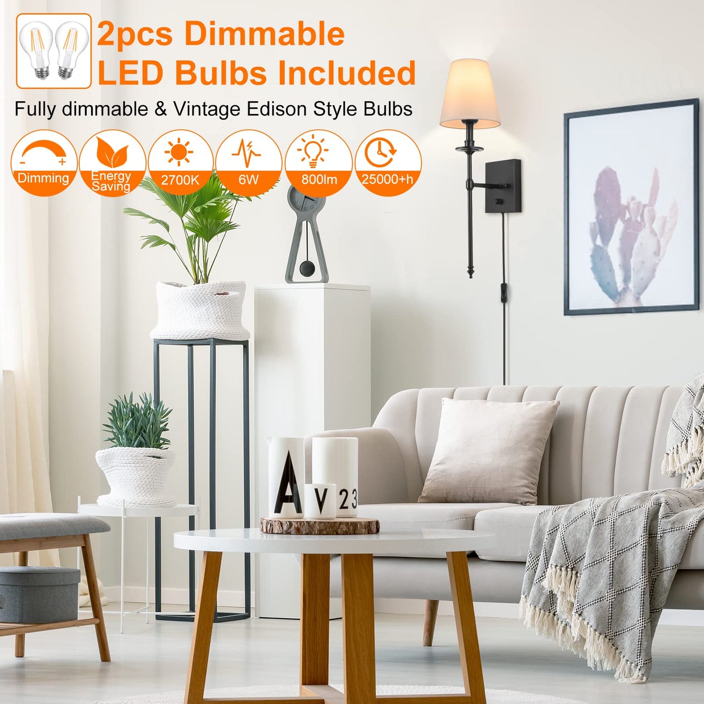 GOODATE Dimmable Wall Sconces Set of Two, Plug in Wall Sconces White Fabric Shade, Wall Lamp for Bedroom, Living Room, Plug in Wall Light Sconces Wall