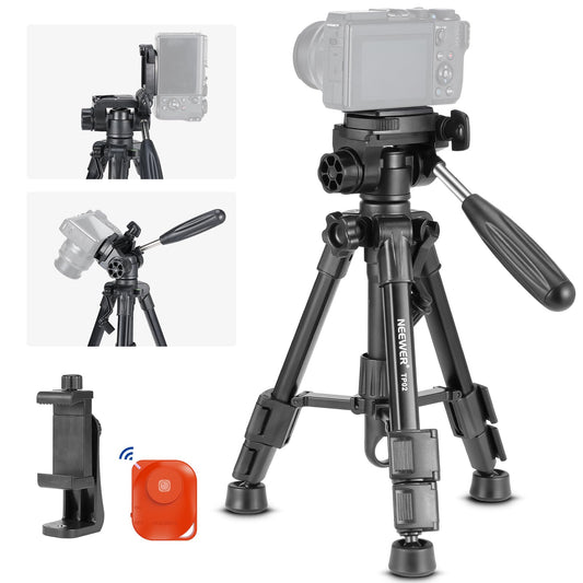 NEEWER Basic Mini Desk Tripod for iPhone & Camera with 3 Way Pan Tilt Head, Handle & Remote, Metal Portable Table Top Video Phone Tripod with 1/4"