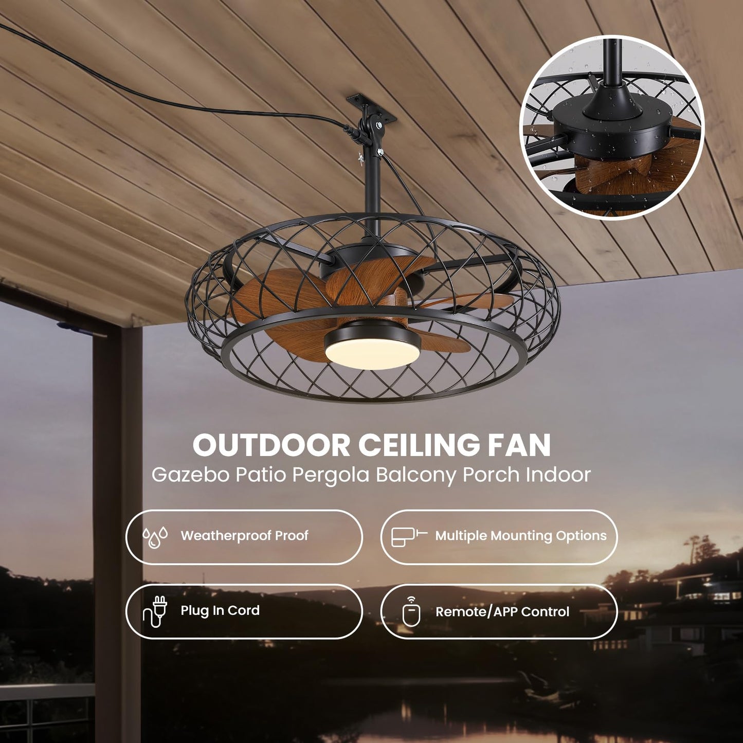 CROSSIO 24" Plug-in Outdoor Ceiling Fan with Light, Caged Walnut
