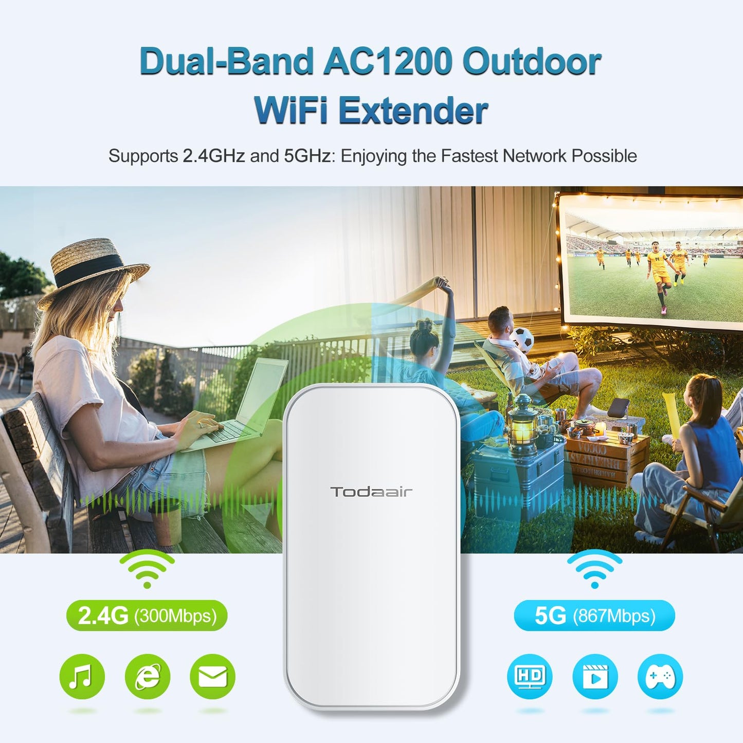 2025 Outdoor WiFi Extender?WiFi Booster | AI Watchdog | Repeater&AP Mode?IP65 Weatherproof | Up to 1200Mbps Dual Band WiFi Repeater